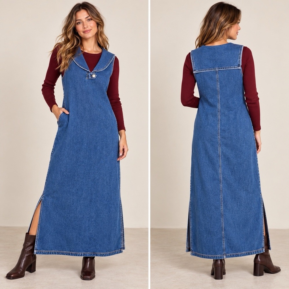 VTG Eric Charles Denim Maxi Dress M Blue 100% Cotton Sleeveless Sailor Collar